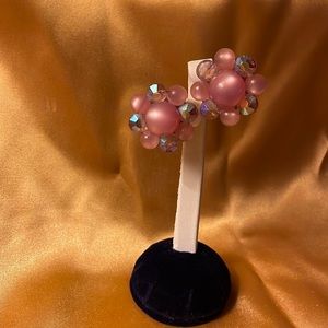 Vintage clip earrings irredentist clear pink floral design with silver backs